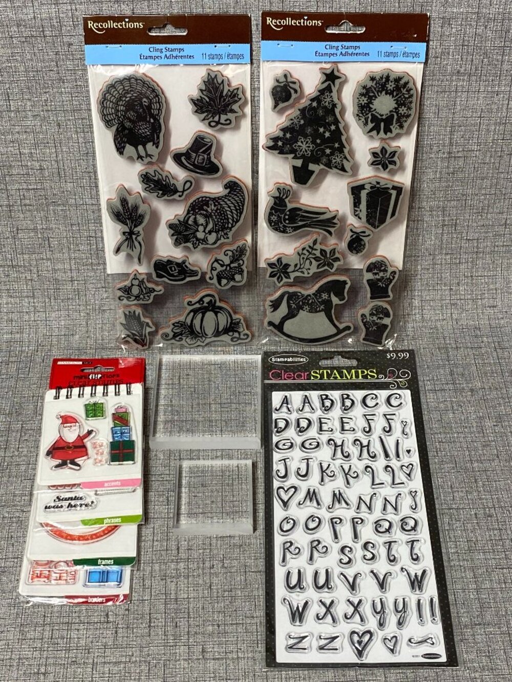 Christmas Cling Stamps Recollections Hampton Arts & 2 Acrylic Blocks 6pc Lot NOS